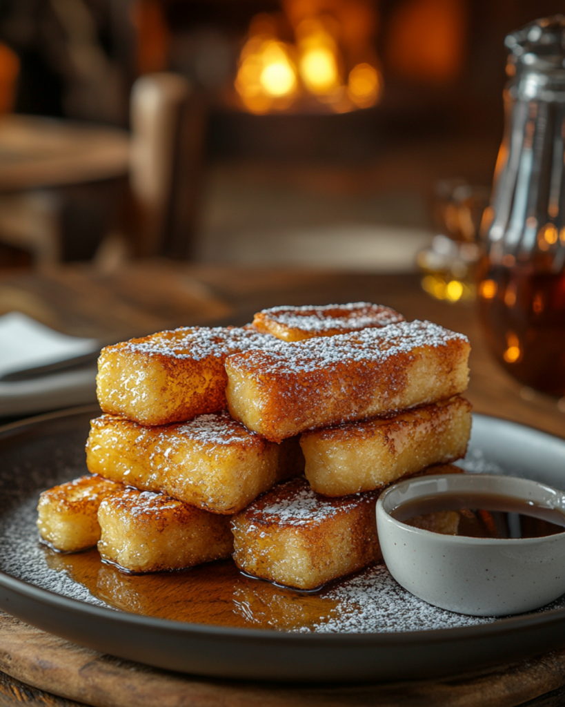 A plate of crispy French toast sticks dusted with powdered sugar and served with maple syrup.