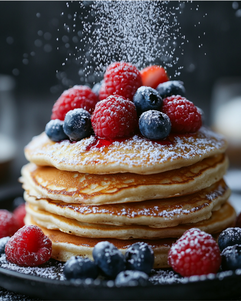 A variety of pancake toppings including fruits, nuts, whipped cream, and chocolate.