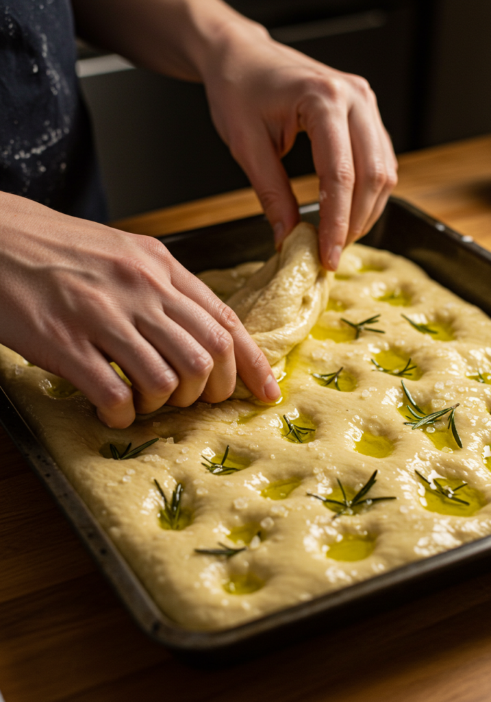 Hands pressing dimples into olive oil-covered focaccia dough.