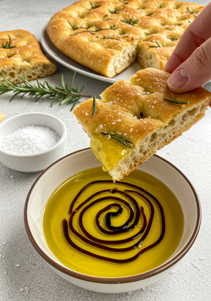 A slice of focaccia dipped in olive oil and balsamic vinegar.