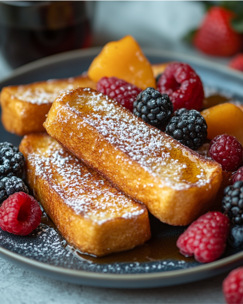 A crispy French toast stick being dipped into warm maple syrup.