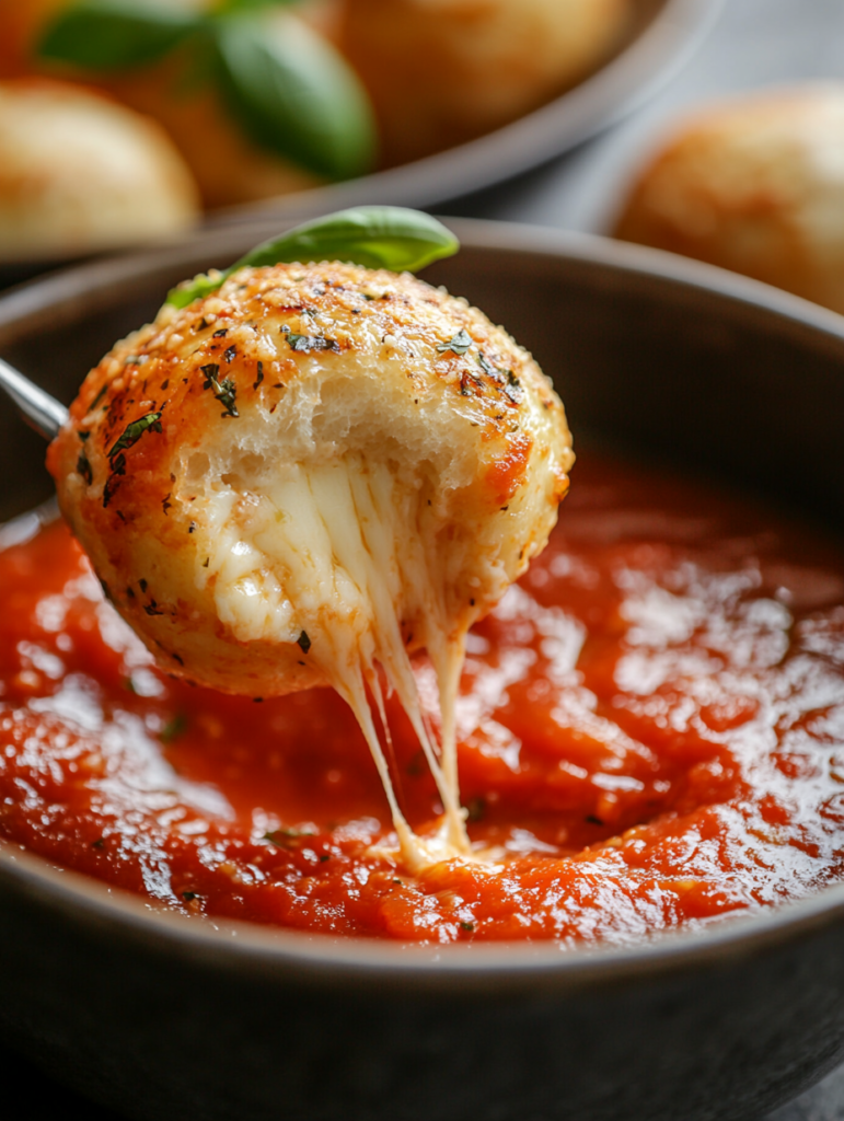 A garlic bread ball with a bite taken out, revealing melted cheese inside.