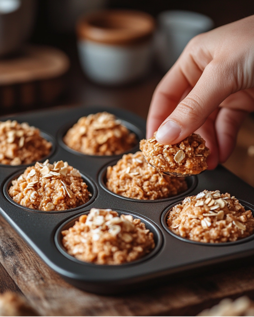 Oat mixture being pressed into muffin cups, forming the base for the peanut butter oat cups.