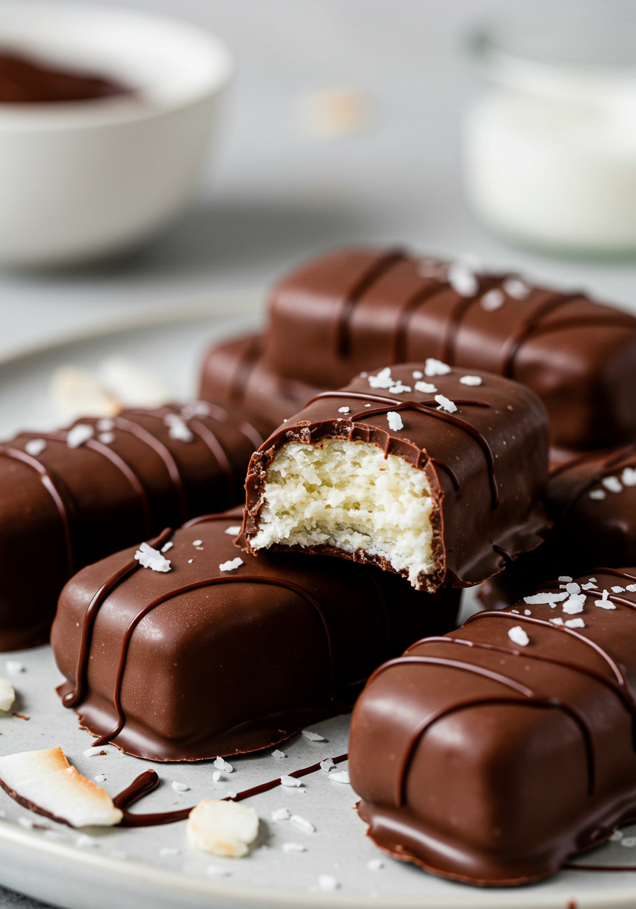 A plate of homemade Bounty chocolate bars with a bite taken out of one