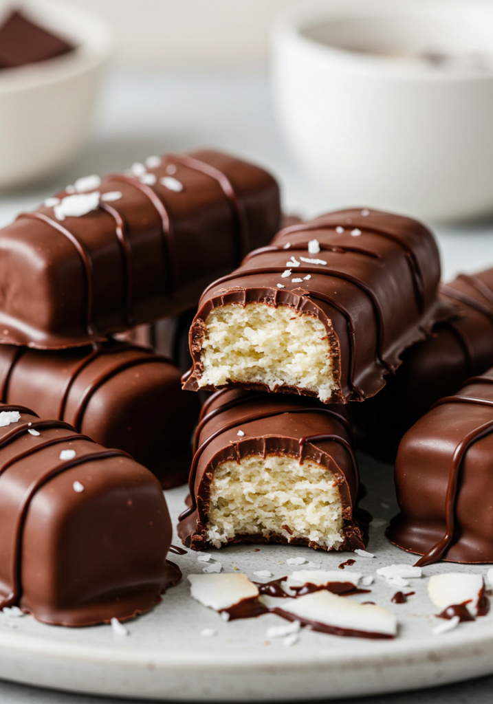 A plate of homemade Bounty chocolate bars with a bite taken out of one