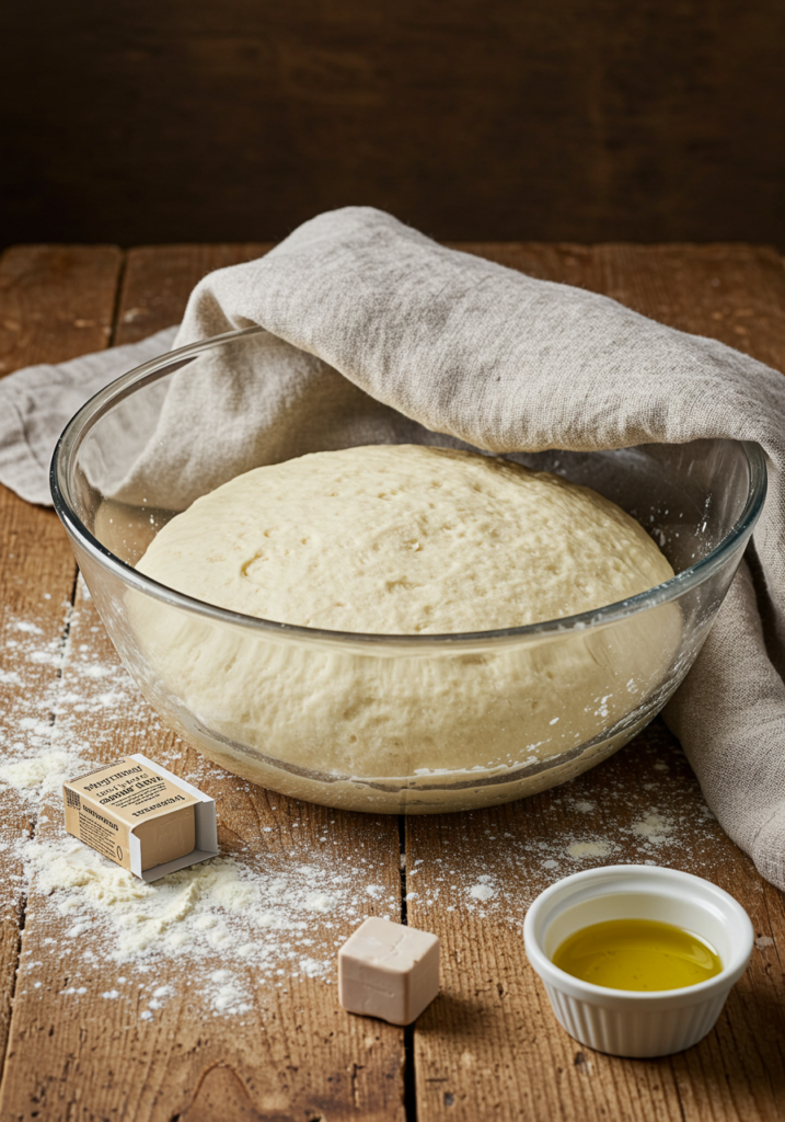 A bowl of airy focaccia dough resting on a floured wooden counter.