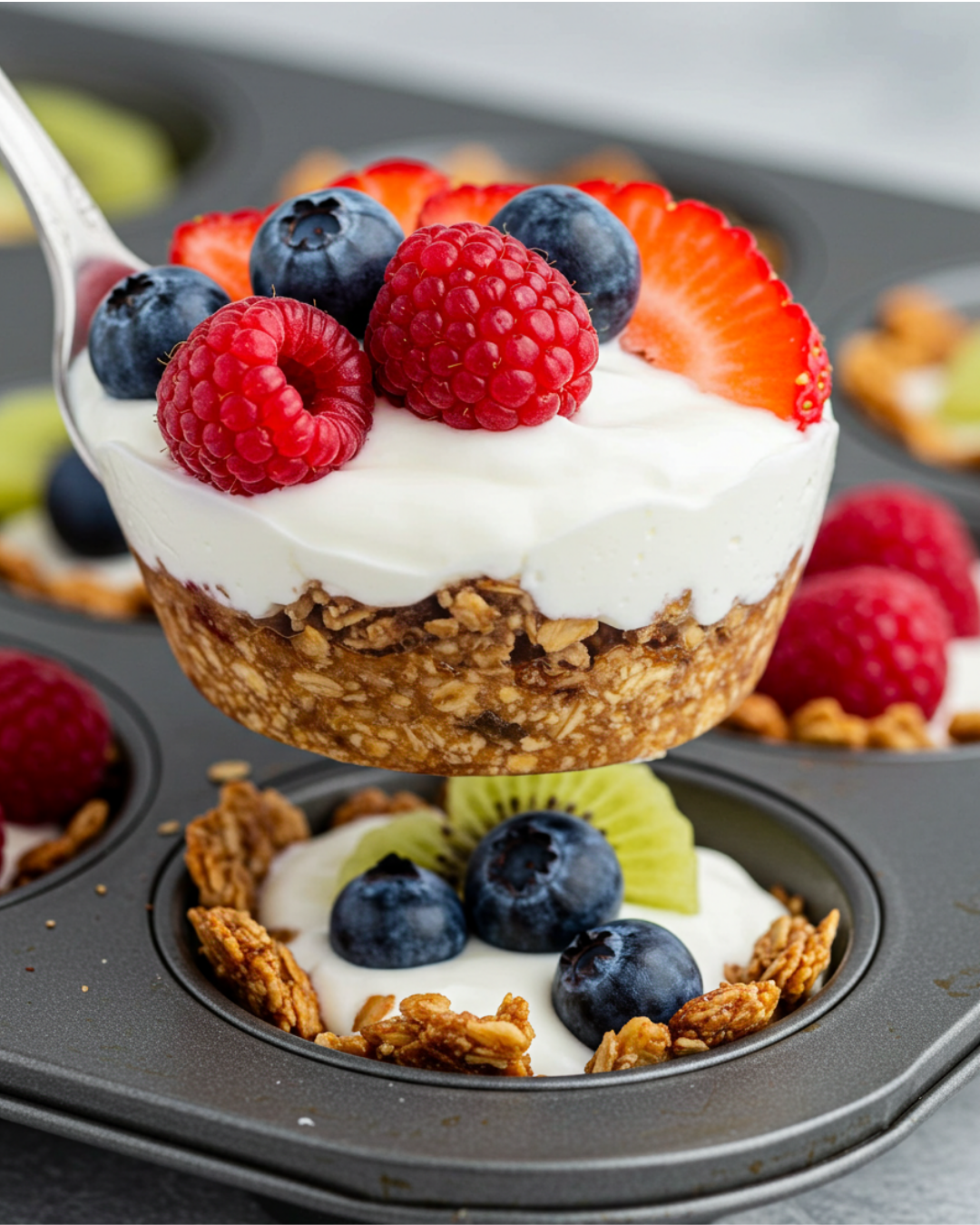 Fresh strawberries, blueberries, and raspberries on top of creamy yogurt.