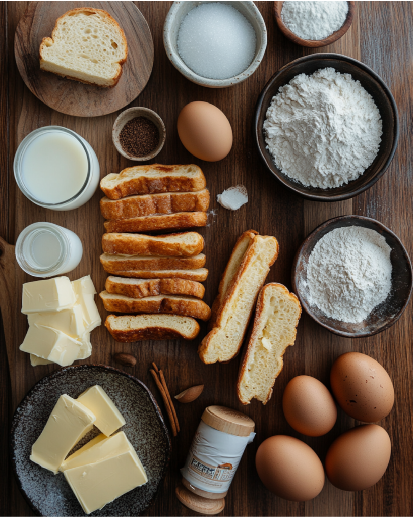 Ingredients for making French toast sticks, including bread, eggs, milk, cinnamon, and butter.