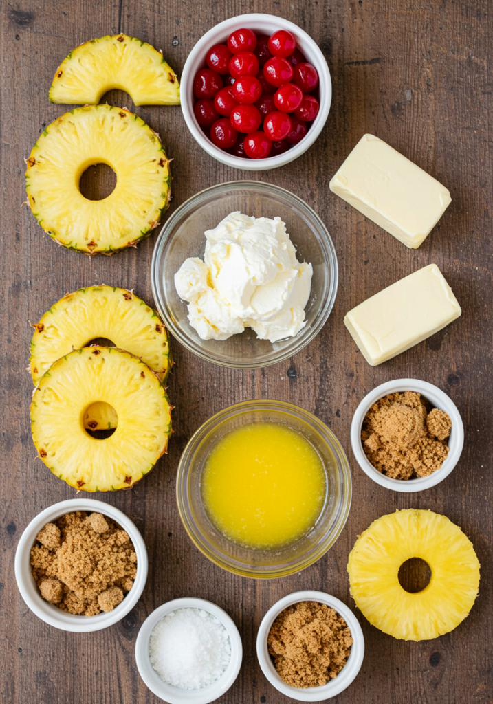 A top-down view of fresh pineapple rings, cherries, graham cracker crumbs, and other baking ingredients.