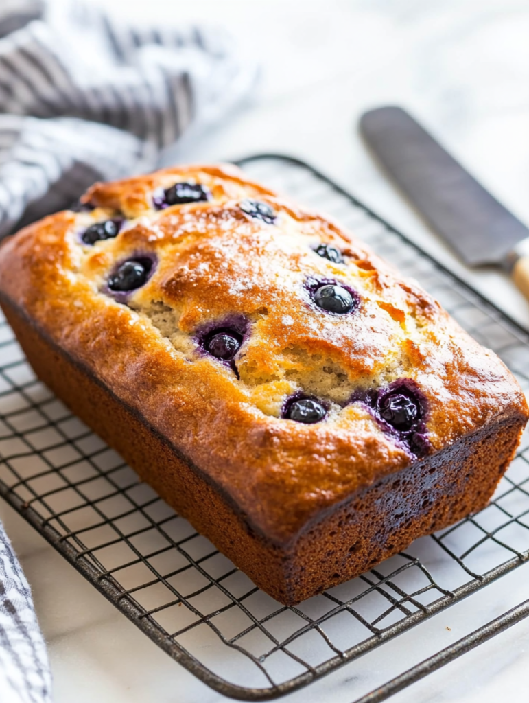 A loaf of blueberry cream cheese bread with a golden crust and creamy blueberry filling.