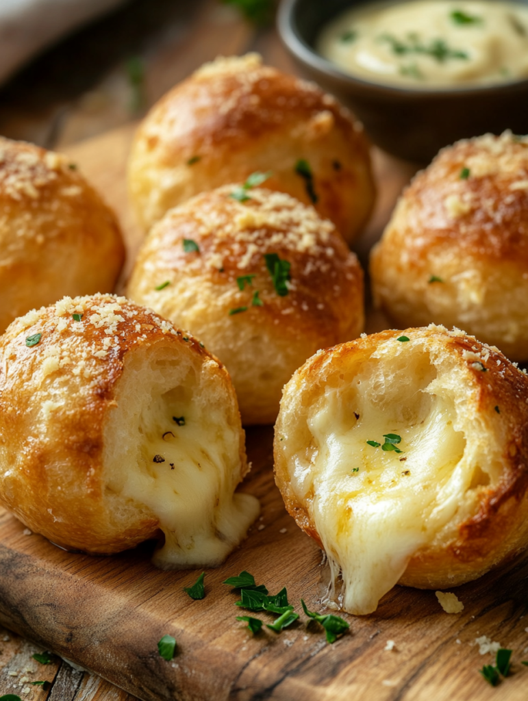 A warm garlic bread ball being pulled apart, revealing stretchy cheese.