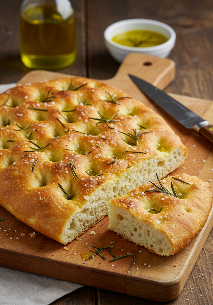 A golden focaccia bread with olive oil and rosemary on a wooden board.