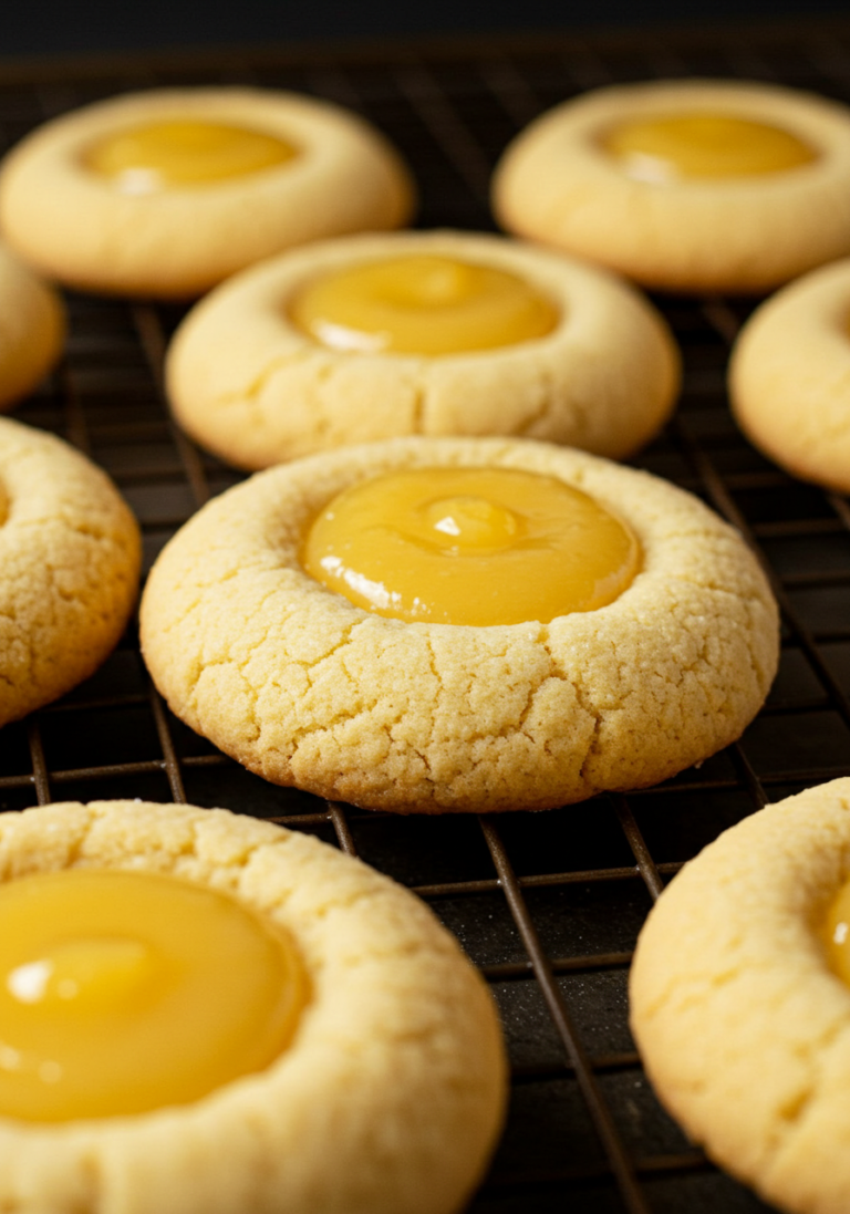 A plate of freshly baked gluten-free lemon curd cookies with a golden-brown edge and a dollop of lemon curd on top.