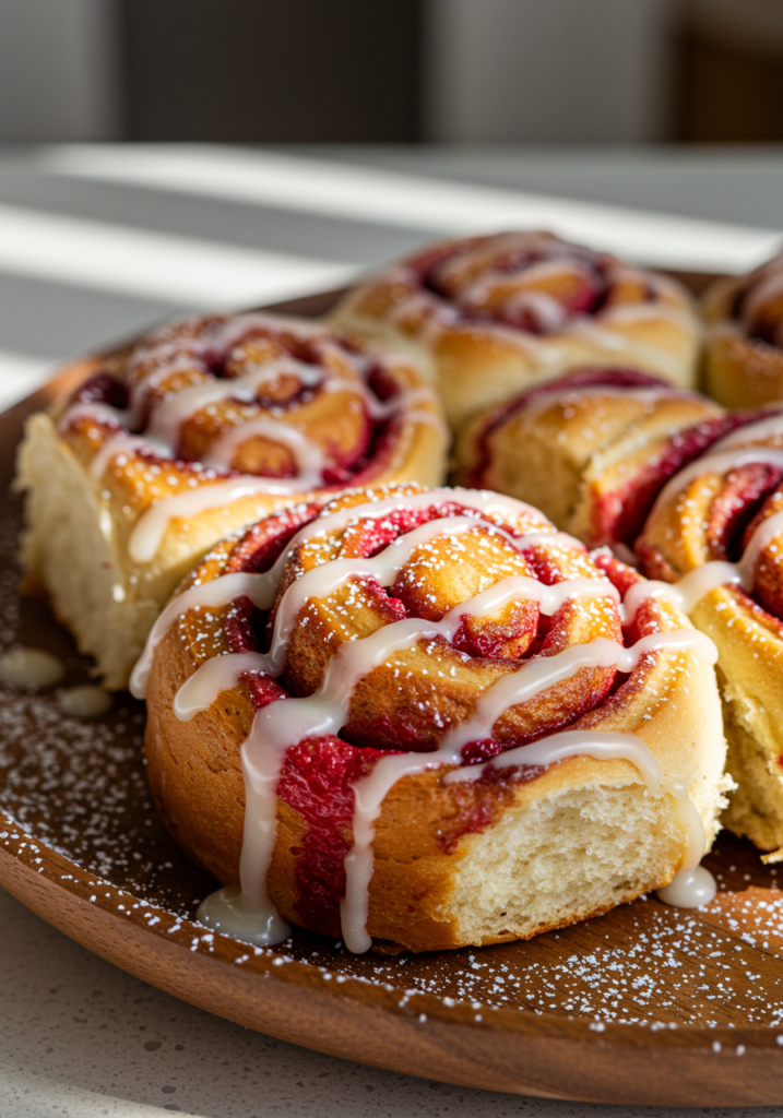 Freshly baked raspberry cinnamon rolls with cream cheese glaze.