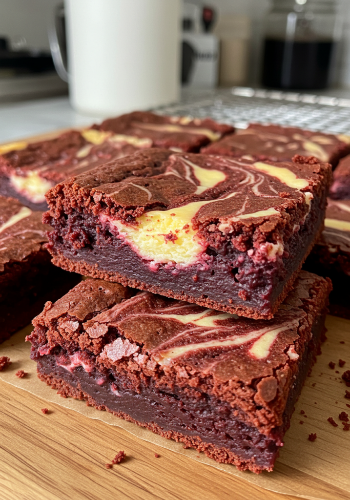 A close-up of homemade red velvet cheesecake brownies with a marbled cheesecake swirl on a wooden board.