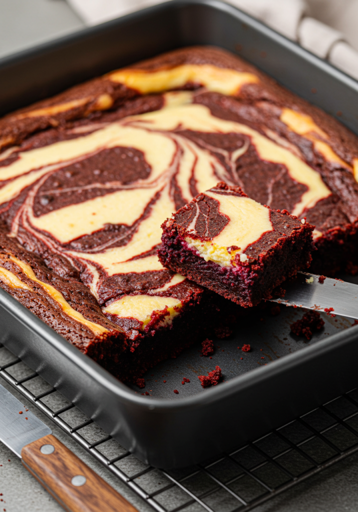  A close-up of a pan of red velvet cheesecake brownies cooling on a rack, with golden cheesecake swirls.