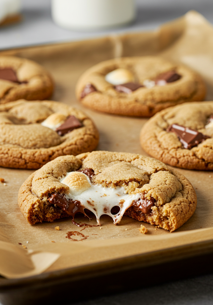 Freshly baked s’mores cookies on a baking tray with gooey marshmallows and melted chocolate