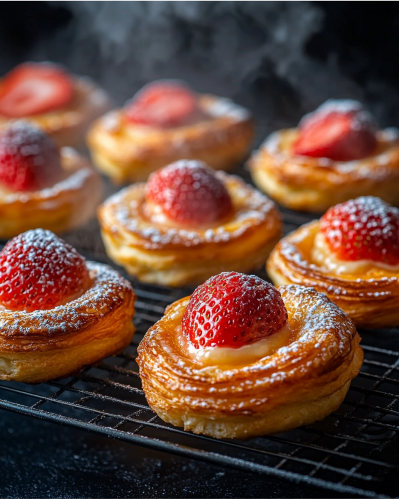 Freshly baked strawberry Danish pastries cooling on a rack with powdered sugar dusting.