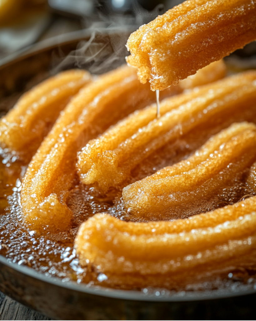 Churro dough being piped into hot oil, forming crispy golden ridged pastries.