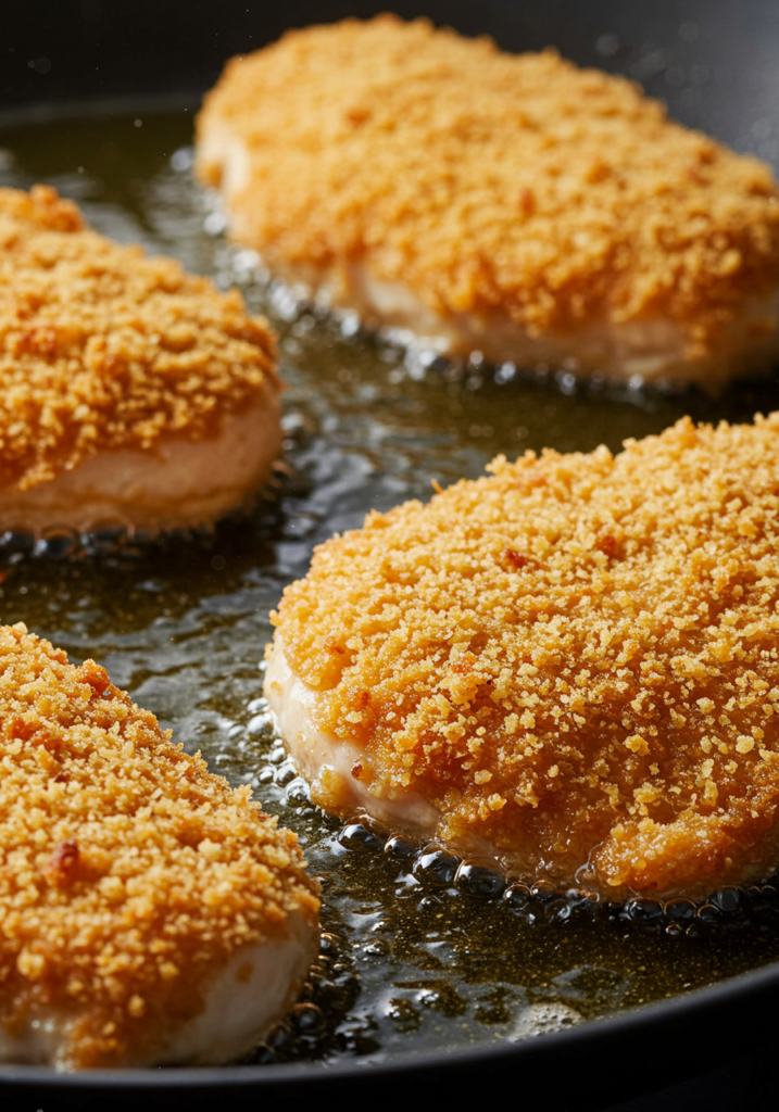 Chicken being fried in a skillet, coated in breadcrumbs and sizzling in oil.