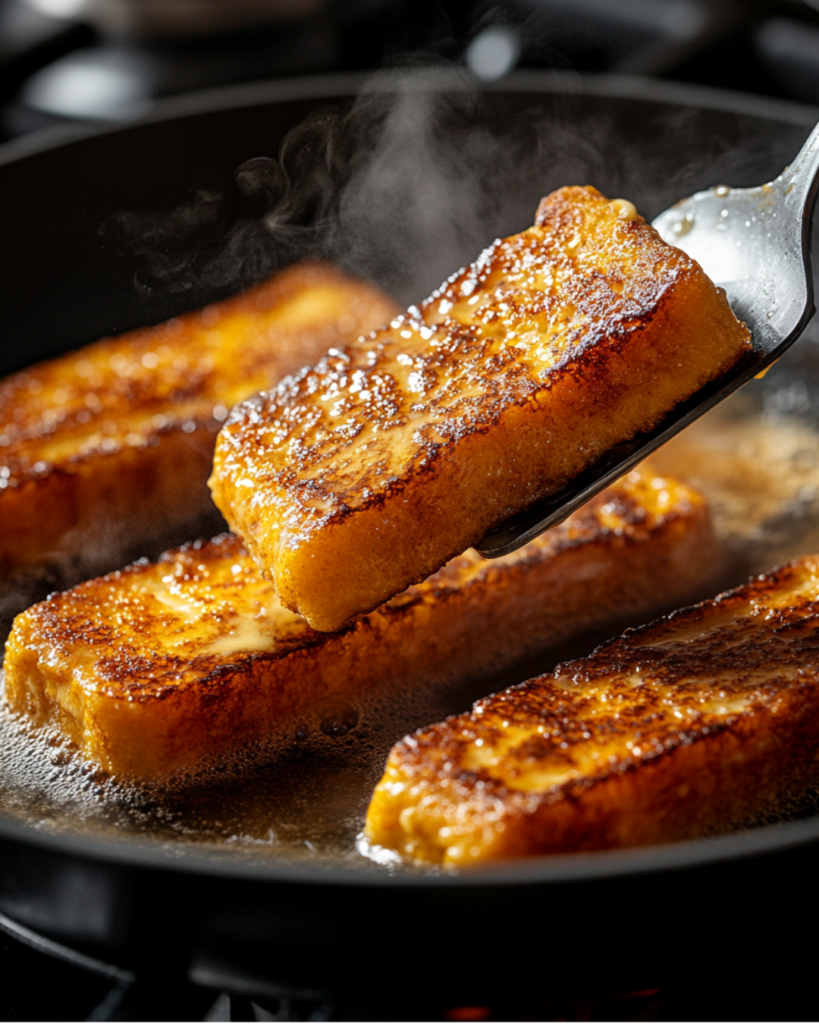 French toast sticks frying in a pan with butter, turning golden and crispy.