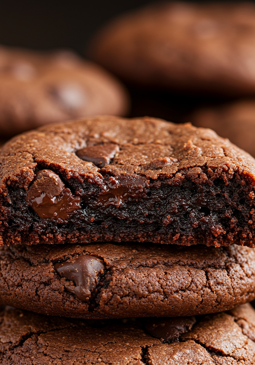 Homemade chocolate brownie cookies with cracked tops and melty chocolate chunks on a wooden table