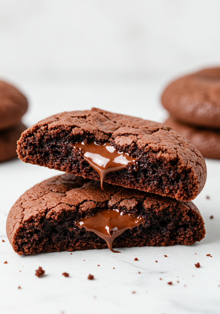 Homemade chocolate brownie cookies with cracked tops and melty chocolate chunks on a wooden table.