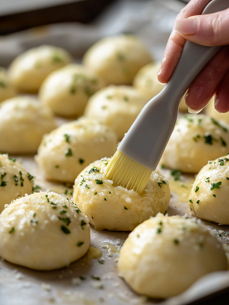 A brush coating garlic butter onto bread balls before baking.