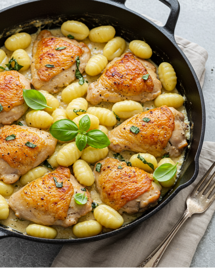 A steaming hot garlic chicken gnocchi skillet with creamy sauce and fresh basil.