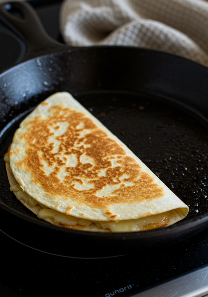 Crispy quesadilla cooking in a cast-iron skillet