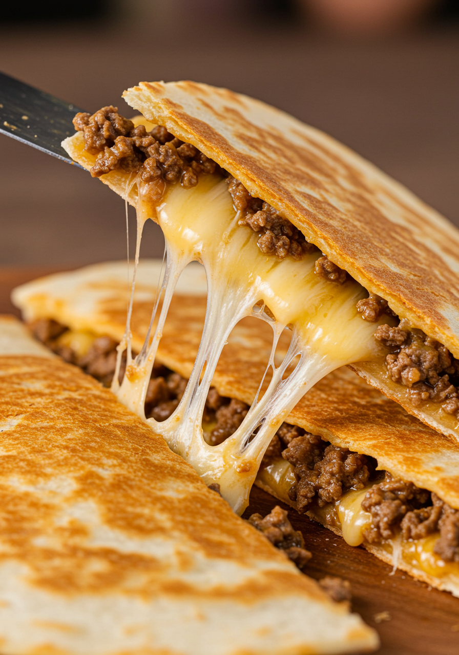 Close-up of melted cheese stretching from a quesadilla slice