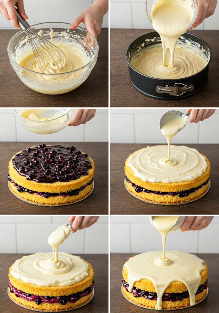 A saucepan of bubbling blueberry filling with bursting blueberries and a glossy texture.