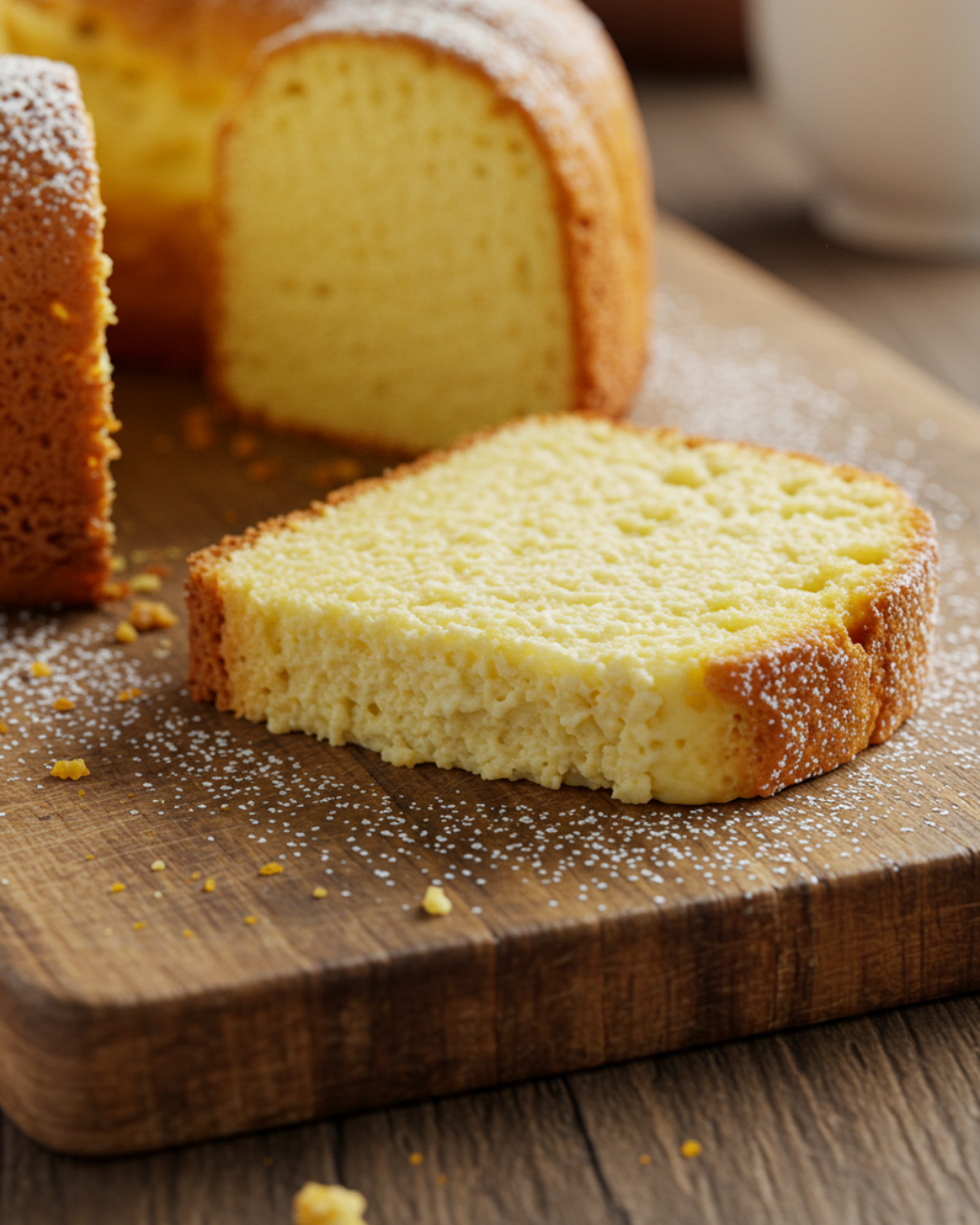 Moist cream cheese pound cake slice with golden crust on a wooden board, garnished with powdered sugar.