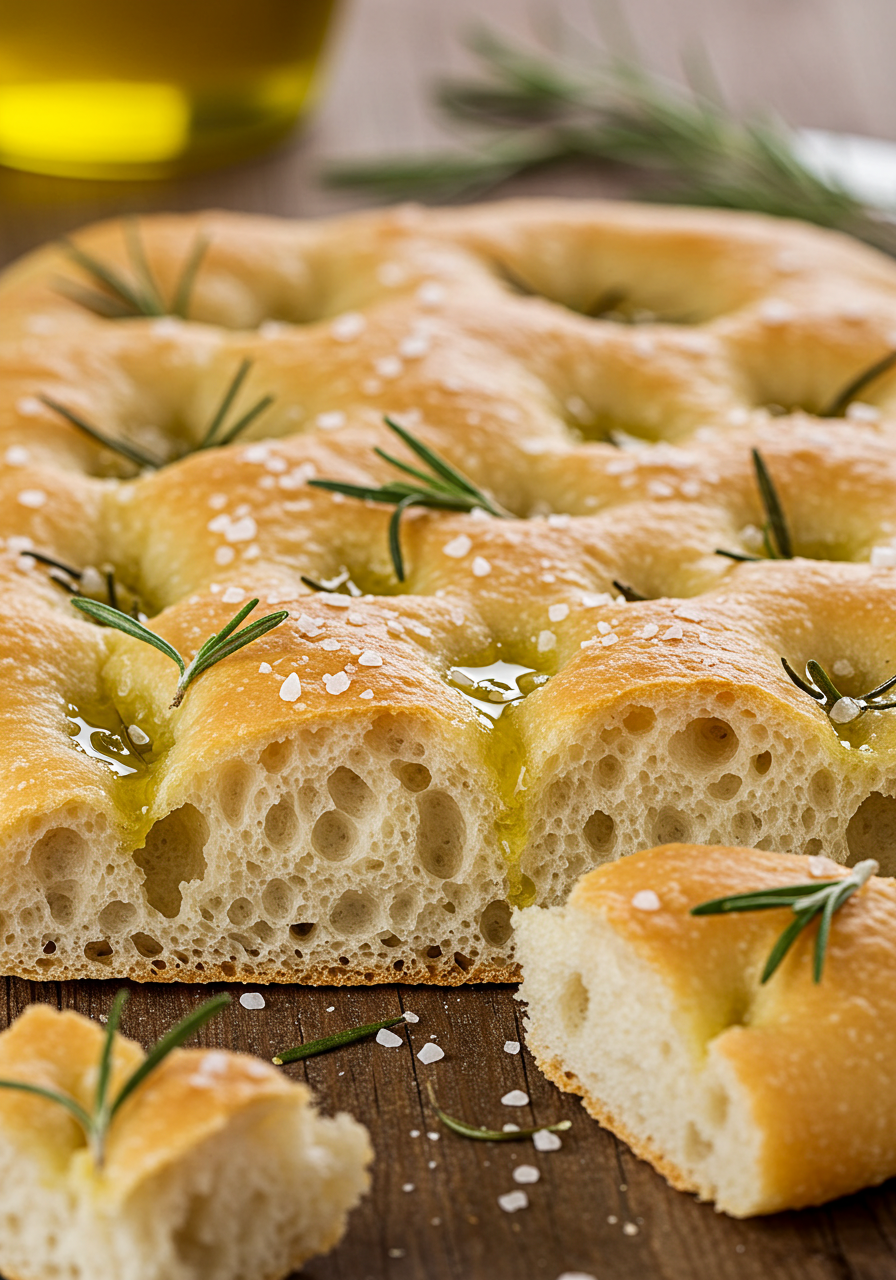 A detailed close-up of focaccia bread showing its airy interior and crispy crust.