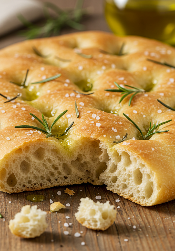 A detailed close-up of focaccia bread showing its airy interior and crispy crust.