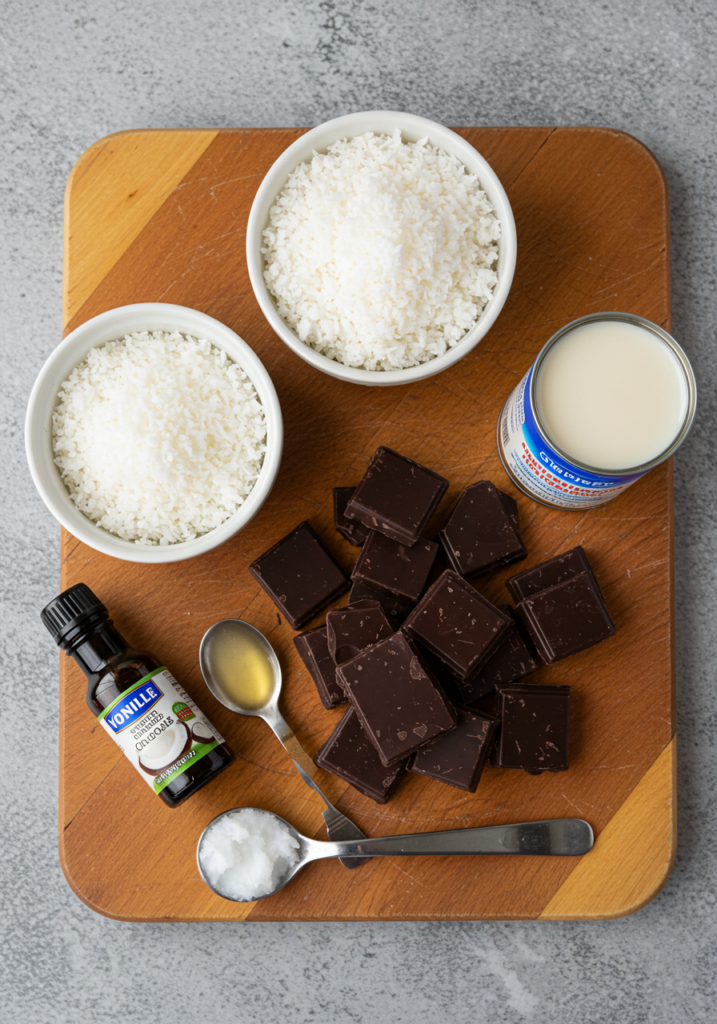 A flat lay of ingredients for homemade Bounty chocolate bars