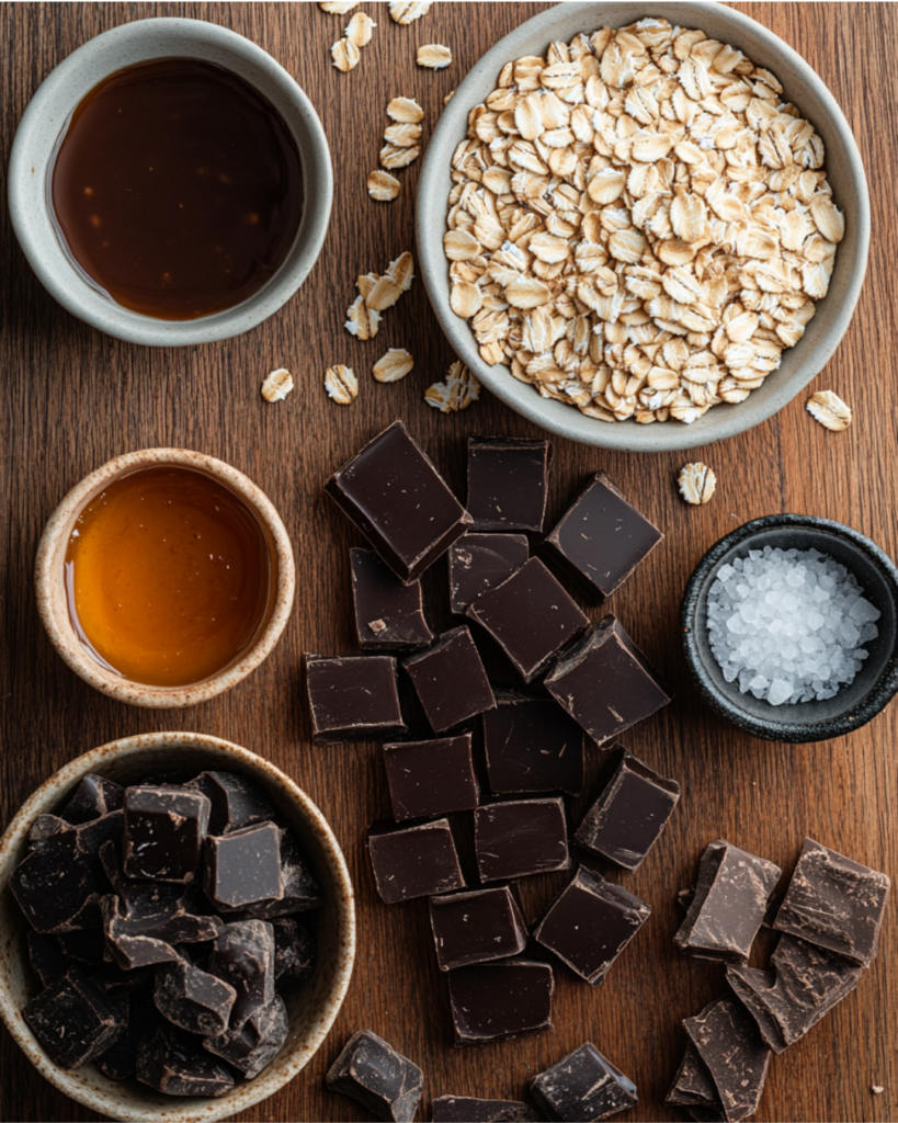 Fresh ingredients for making no-bake peanut butter oat cups, including oats, peanut butter, and chocolate.