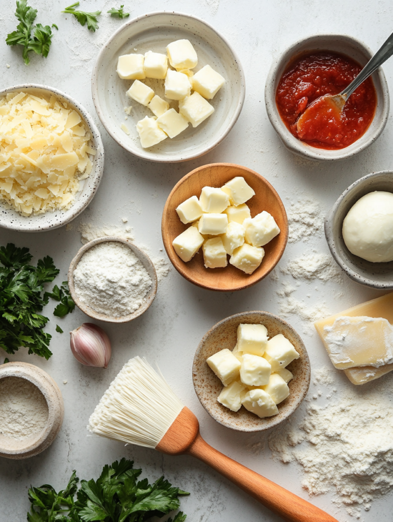 A neatly arranged flat lay of ingredients for making cheese-stuffed garlic bread balls.