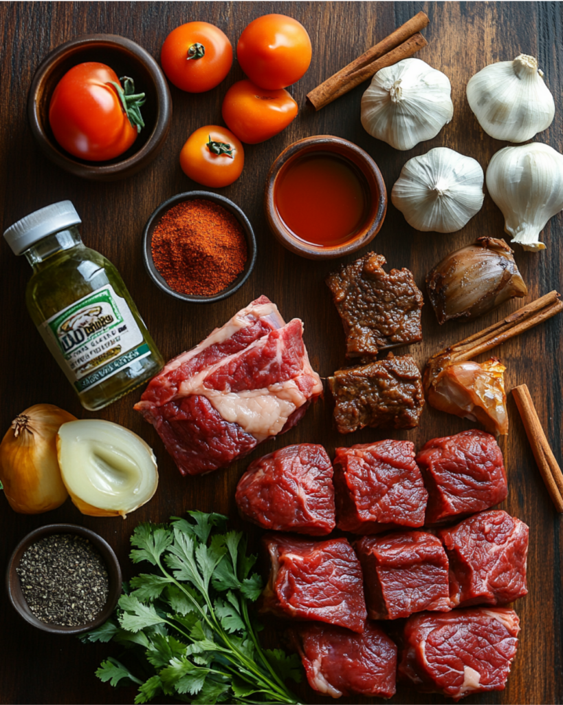 A flat lay of fresh ingredients used to make traditional birria tacos, including beef, dried chilies, and spices.