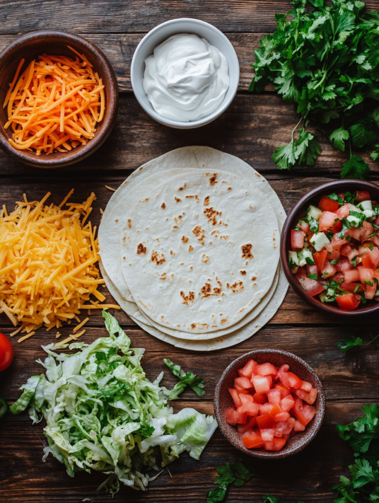  Ingredients for making cheesy garlic chicken wraps, including tortillas, cheese, and seasoned chicken.