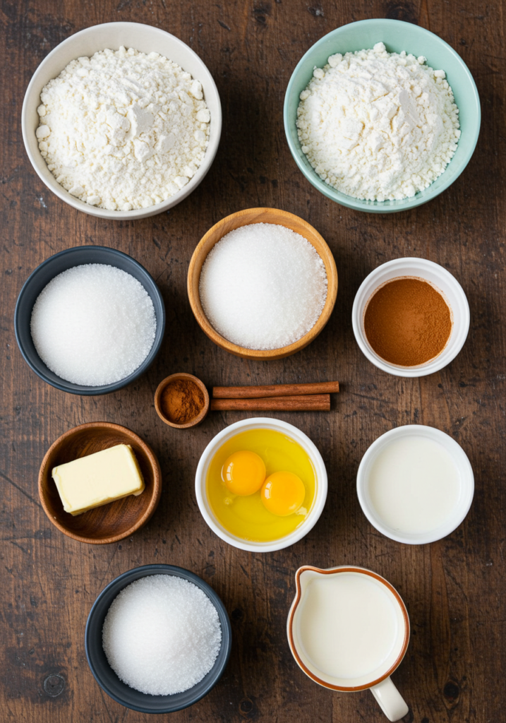 All ingredients for cinnamon swirl quick bread, displayed on a rustic wooden table: flour, sugar, cinnamon, butter, eggs, and milk.