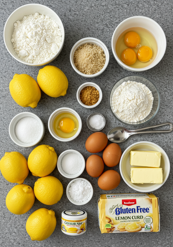 A collection of ingredients for making gluten-free lemon curd cookies, including gluten-free flour, lemons, butter, sugar, and eggs.