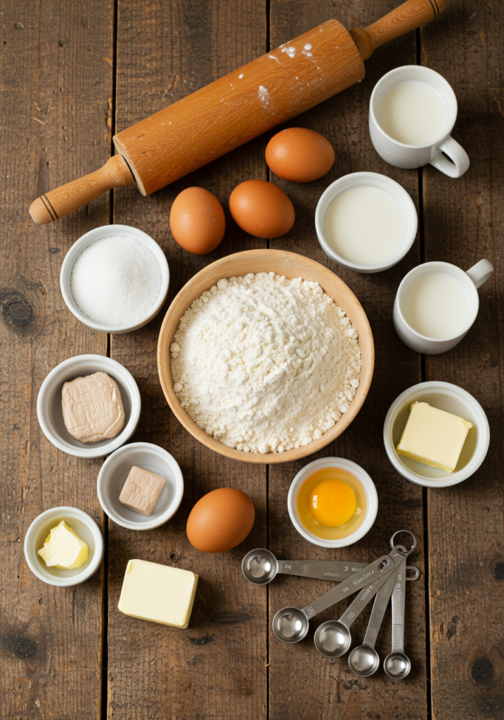 A close-up of ingredients for homemade donuts arranged on a wooden surface.