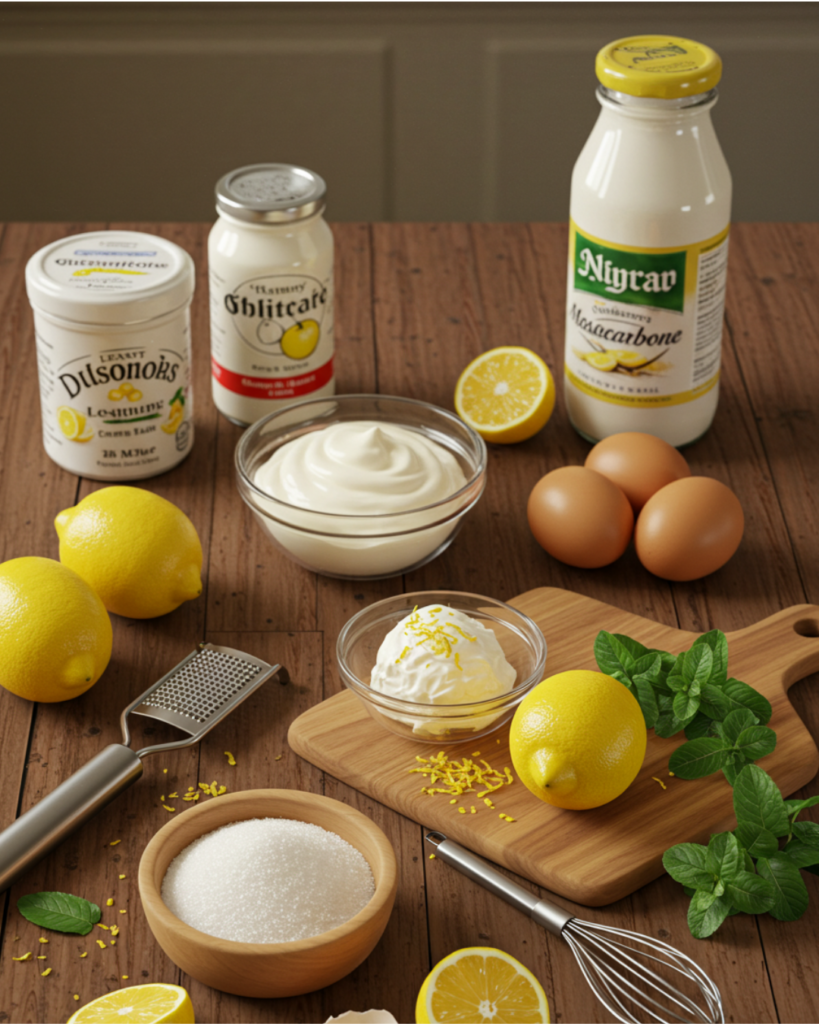 Fresh ingredients for homemade lemon mousse including lemons, sugar, cream, mascarpone, and mint.