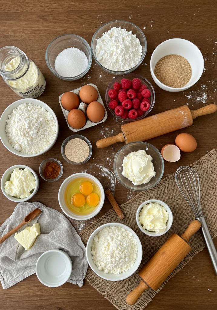 Flat lay of ingredients for making raspberry cinnamon rolls.