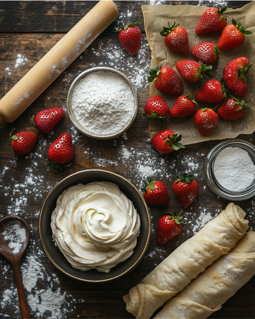 Ingredients for homemade strawberry Danish, including puff pastry, cream cheese, and fresh strawberries.