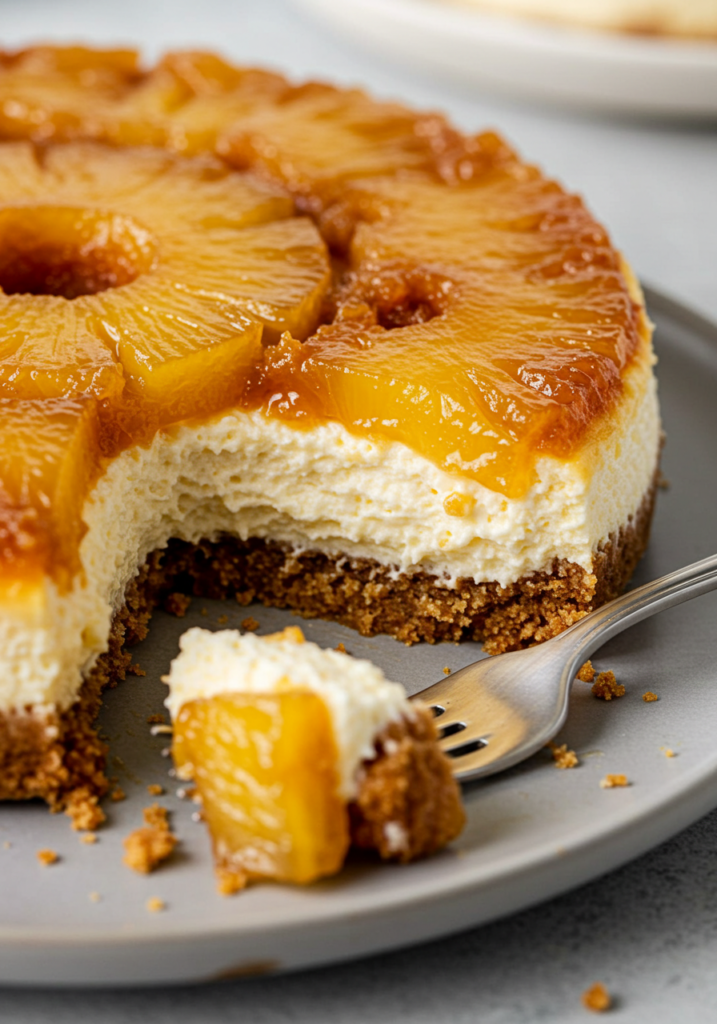 A half-eaten mini pineapple upside-down cheesecake showing its creamy filling and crust.