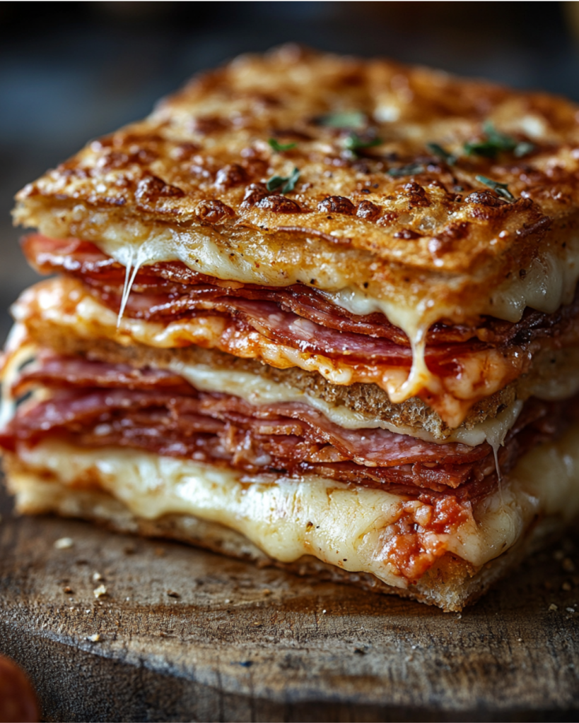 Close-up of a single Italian Sub Square with melted cheese and crispy crust.