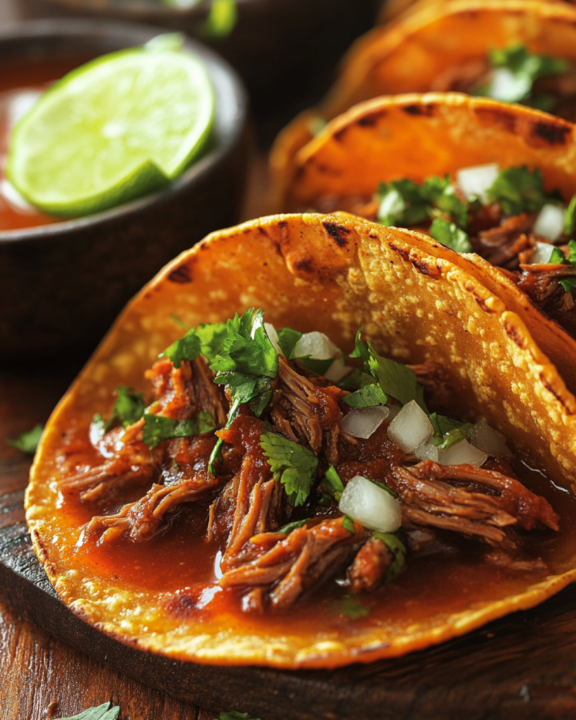 A close-up of crispy birria tacos dipped in consommé with fresh cilantro and onions.