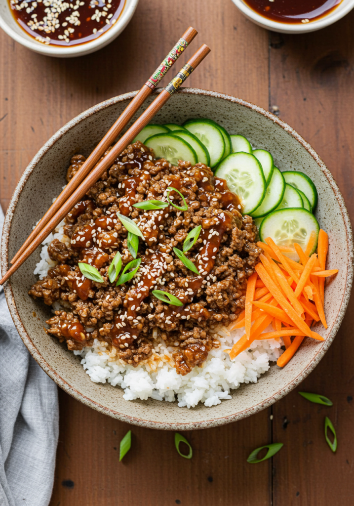 Korean ground beef bowl with rice, sesame seeds, green onions, and fresh vegetables in a white ceramic bowl.